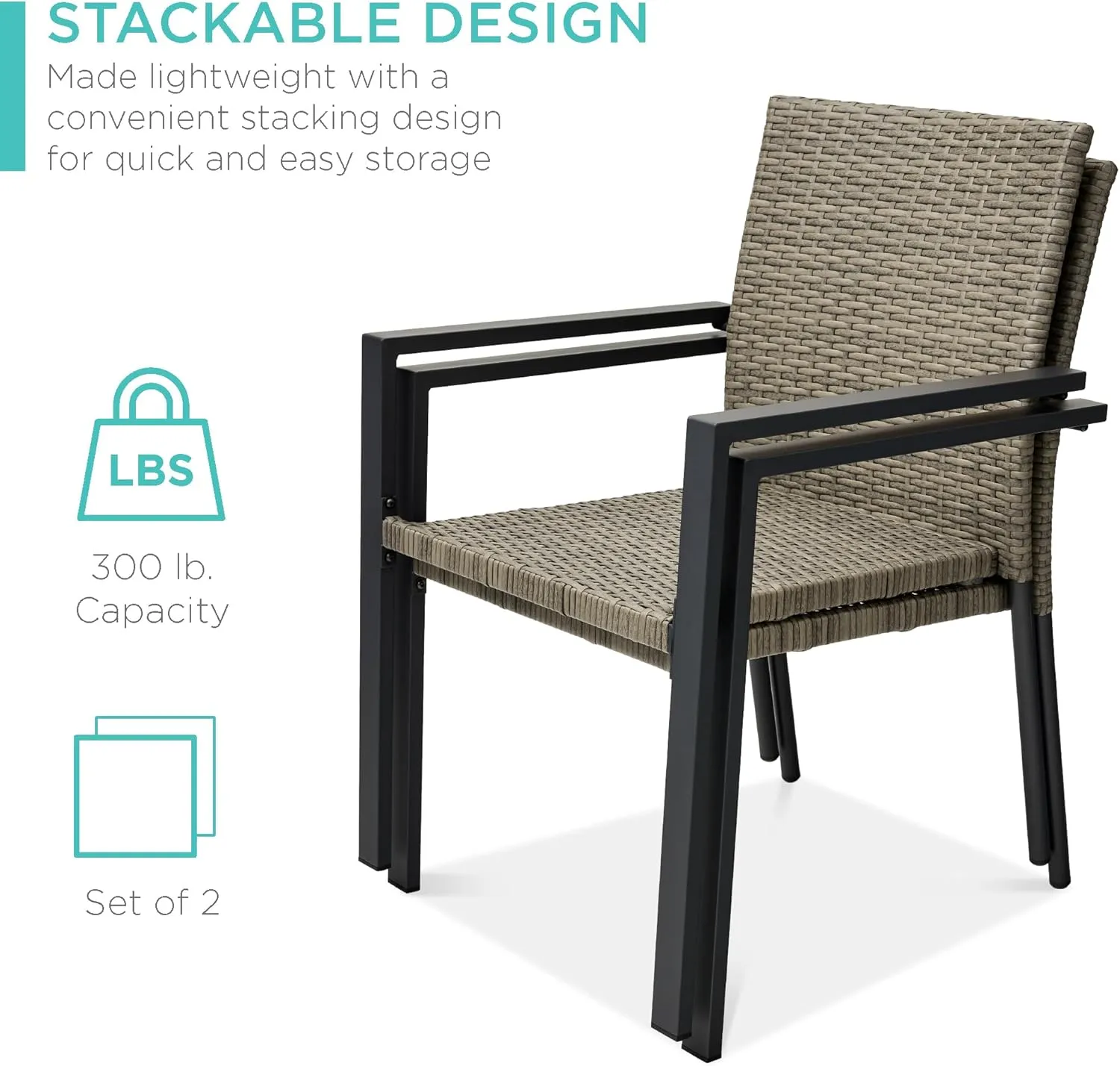Best Choice Products Set of 2 Stackable Outdoor Wicker Dining Chairs All-Weather Firepit Armchair w/Armrests, Steel Frame for Patio, Deck, Garden, Yard - Taupe