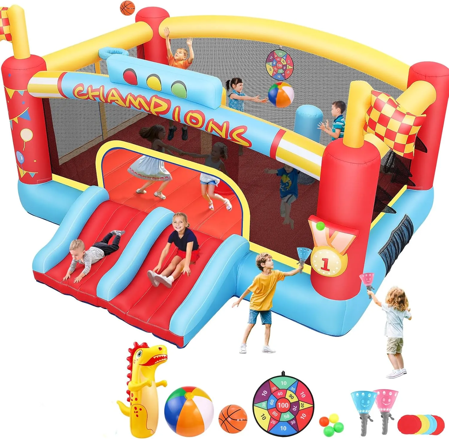 Big Inflatable Obstacle Bounce House for Big Kids, 13FT Outdoor Inflatable Bouncers, Double Basketball Hoop,Throw Ball Game,Punching Game,Jumping Bouncy Castle (Extra Large NO Blower)