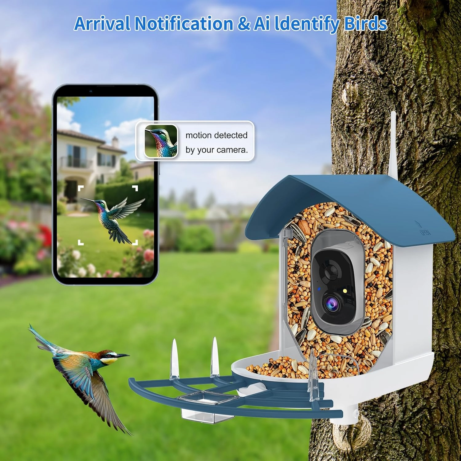 Bird Feeder with Camera,AI Identify Birds Species,Smart Bird Camera with Solar Powered,Auto Record FHD 2K Birds Video in Backyard,Instant Notifications,Ideal Gift for Family and Bird Lovers,Navy Blue