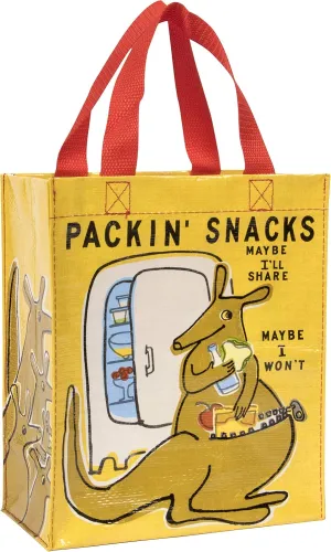 Blue Q Handy Tote, Packin' Snacks, reusable lunch sack or gift bag, made from 95% recycled material, easy to wipe clean, 10"h x 8.5"w x 4.5"d