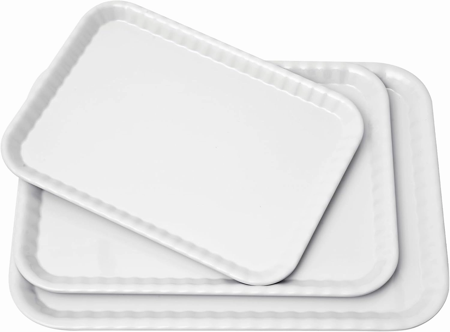 Blue Boat 17/15/13" Rectangular Serving Trays Set of 3 White, Melamine Serving Platter, Light Weight Easy to Clean Sturdy Stackable BPA-Free Dishwasher Safe