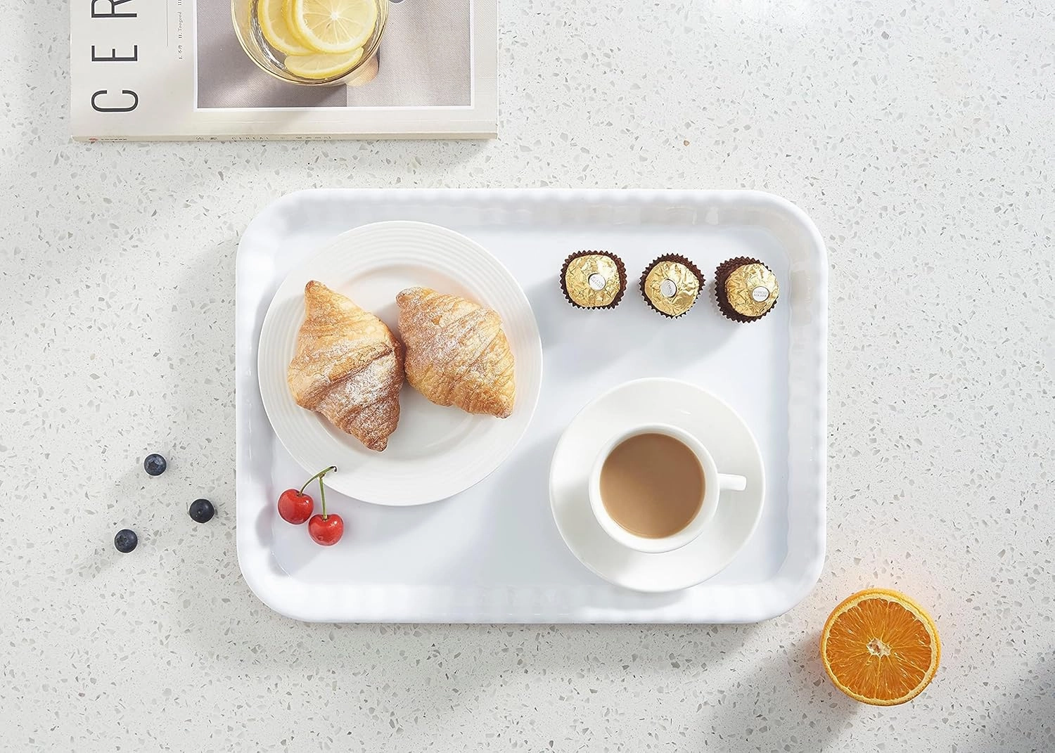 Blue Boat 17/15/13" Rectangular Serving Trays Set of 3 White, Melamine Serving Platter, Light Weight Easy to Clean Sturdy Stackable BPA-Free Dishwasher Safe