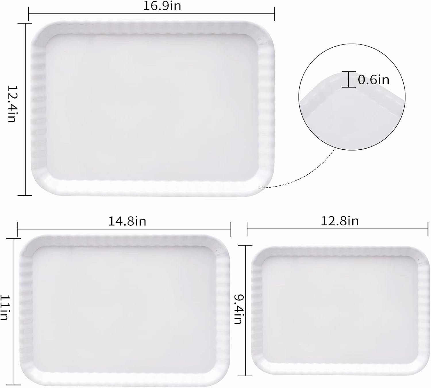 Blue Boat 17/15/13" Rectangular Serving Trays Set of 3 White, Melamine Serving Platter, Light Weight Easy to Clean Sturdy Stackable BPA-Free Dishwasher Safe