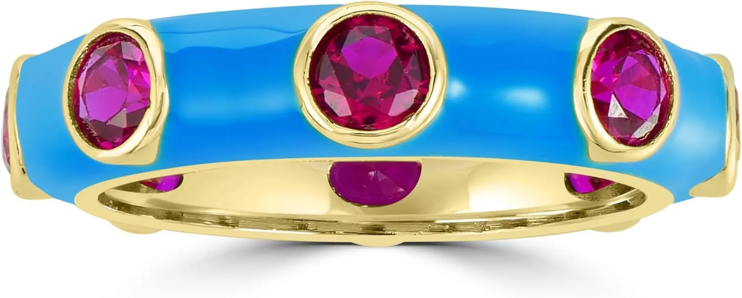 Bob Mackie Jewelry Gold over Brass Turquoise Enamel Red Cubic Zirconia Band Ring, Size 6