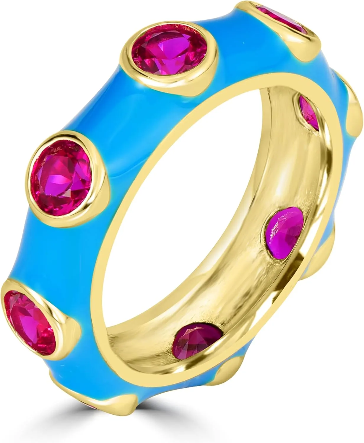 Bob Mackie Jewelry Gold over Brass Turquoise Enamel Red Cubic Zirconia Band Ring, Size 6