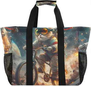 Bolaz Travel Tote Bag，Gym Bag for Men,Waterproof Beach Bag for Women Foldable Reusable-Cool Cat Astronaut Bike Planet