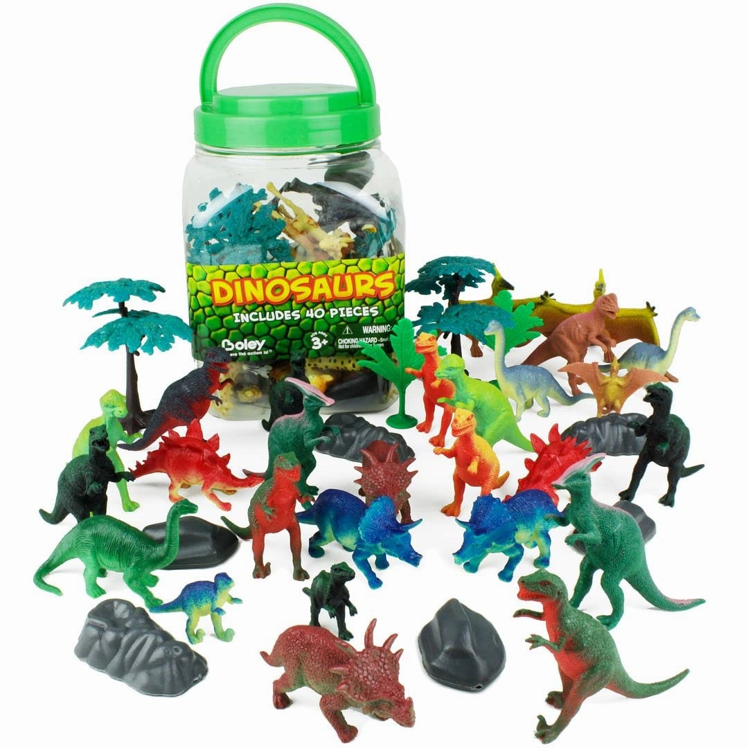Boley 40Piece Big Bucket Toys-Tub of Educational Dinosaur Toy Playset with T-Rex, Velociraptor & More-Small, Multicolor