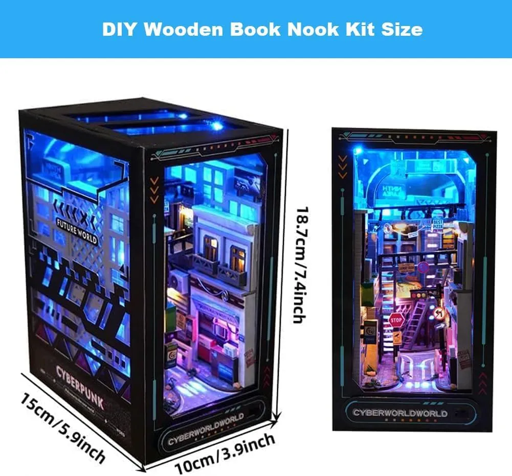 Book Nook Kit DIY Dollhouse Miniature Kit, Bookshelf Insert Decor, 3D Wooden Puzzle Booknook Miniature Kit with Furniture for Creative Ssembled Bookends (Near Future)