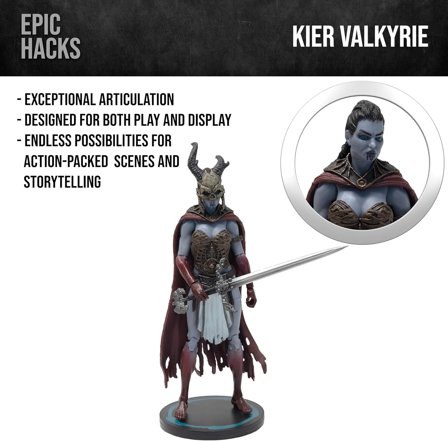 Boss Fight Studio Court of the Dead Kier – Valkyrie of the Dead Action Figure – Highly Articulate Collectible Figurine with Accessories Including Extra Head with Bone Helmet, Wings, Sword, & Cape – 4”
