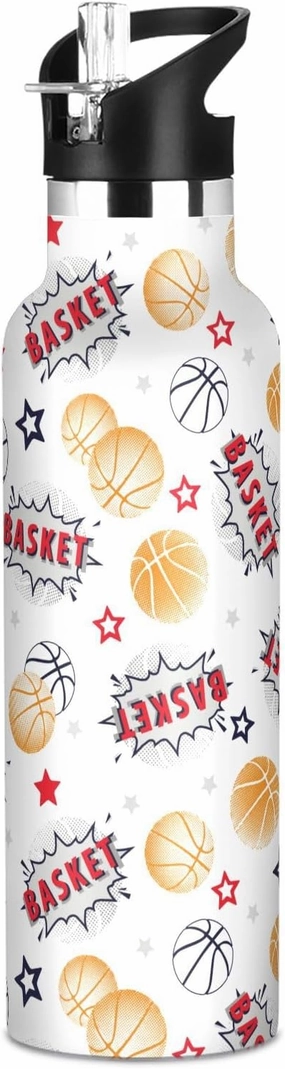 Boys Water Bottle with Straw Reusable Tumbler for Toddlers 20oz Kids Insulated Cups Leak Proof Double Wall 304 Stainless Steel Water Flask School Bottle,Basketball Play with Stars