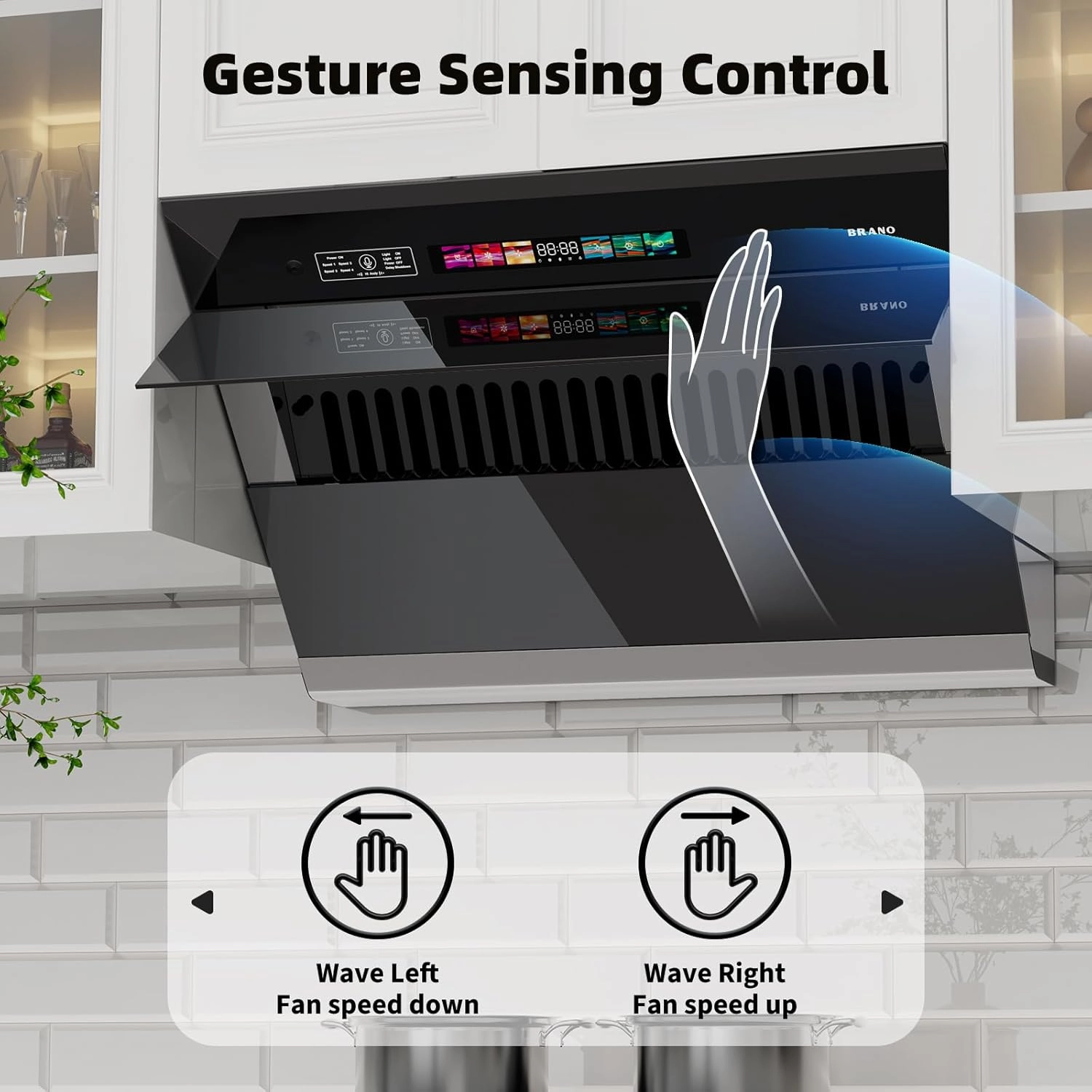BRANO Range Hood 30 inch with 900CFM, Voice/Gesture Sensing/Touch Control Panel, Unique Side-Draft Design for Under Cabinet Modern Kitchen Hood, Ducted/Ductless Convertible
