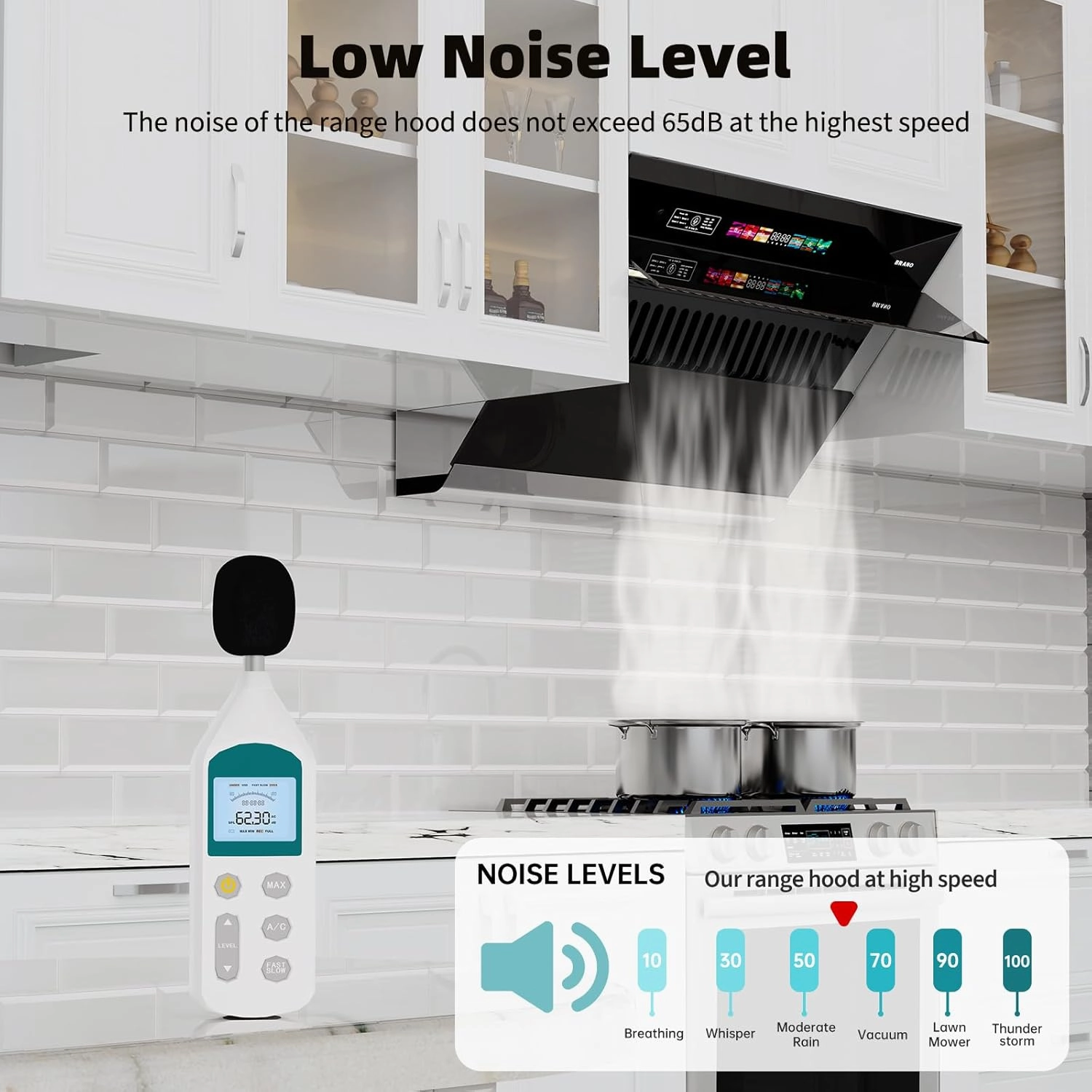 BRANO Range Hood 30 inch with 900CFM, Voice/Gesture Sensing/Touch Control Panel, Unique Side-Draft Design for Under Cabinet Modern Kitchen Hood, Ducted/Ductless Convertible