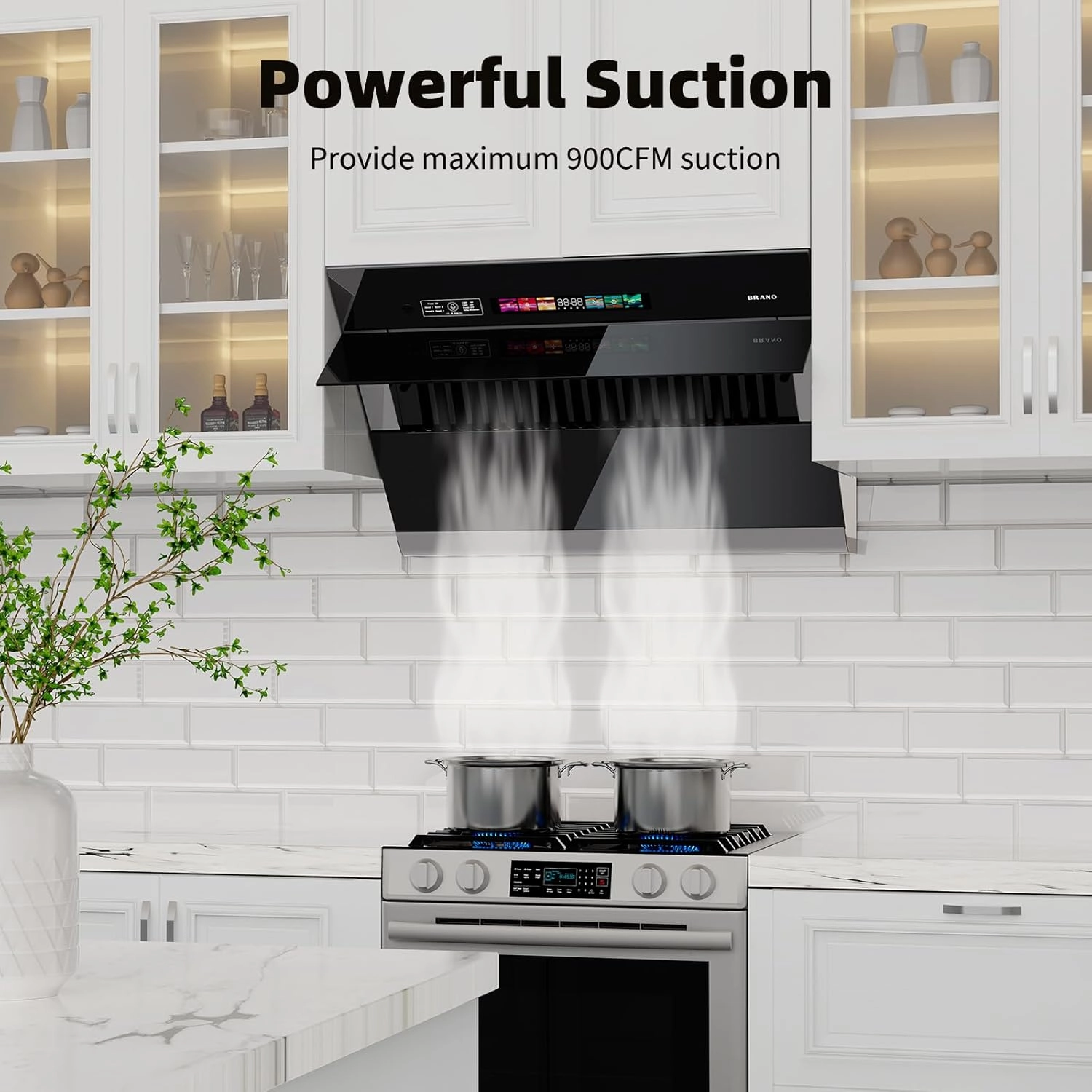 BRANO Range Hood 30 inch with 900CFM, Voice/Gesture Sensing/Touch Control Panel, Unique Side-Draft Design for Under Cabinet Modern Kitchen Hood, Ducted/Ductless Convertible