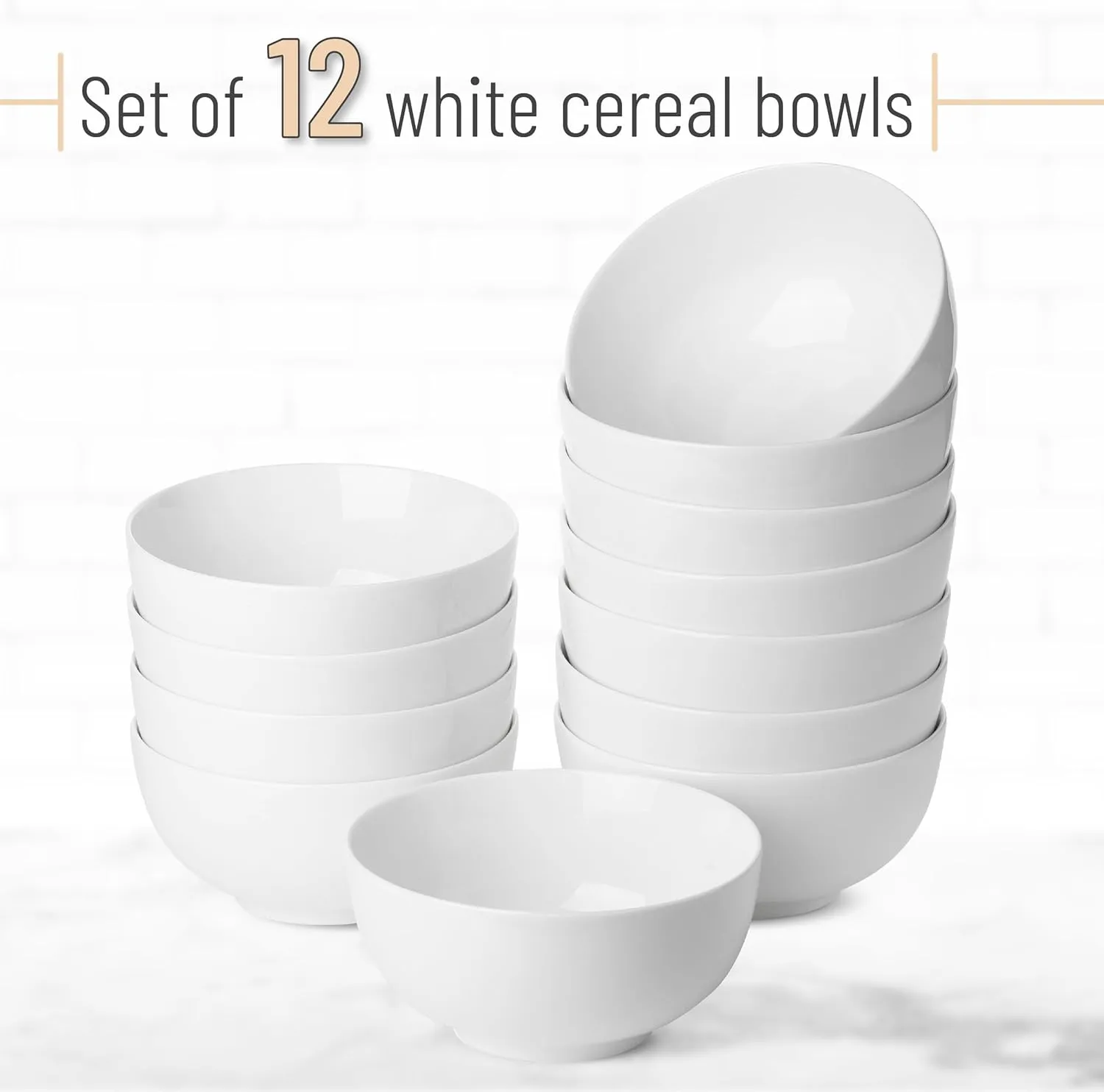 Brew To A Tea BTaT- White Soup Bowls Set of 12, 16 Ounces, Porcelain Dishes for Soup, Rice, Salad, Noodle, Microwave, Oven, Freezer & Dishwasher Safe, Deep White Cereal Bowls for Kitchen