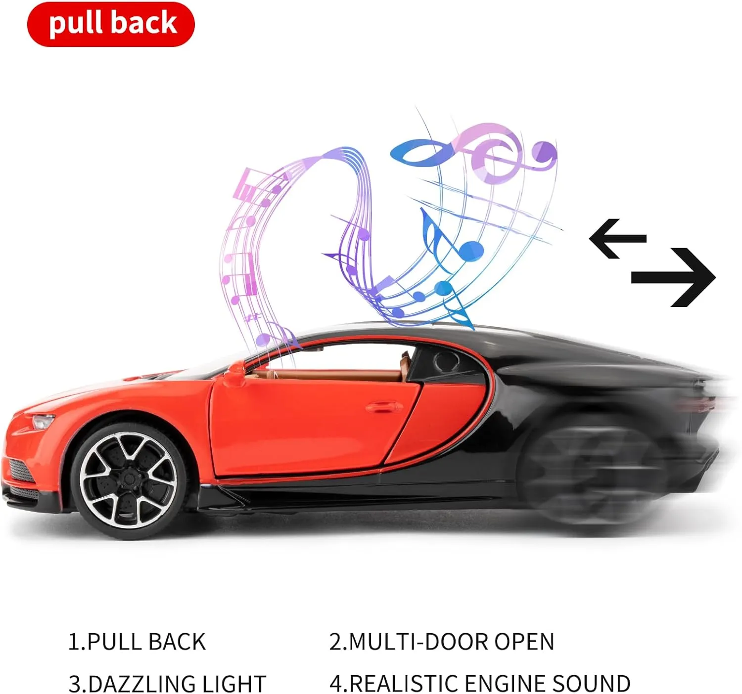 Bugatti Chiron Model Car - 1/32 Scale Alloy, Sound & Lights, Pull Back Function, Ages 3-8 (Red)