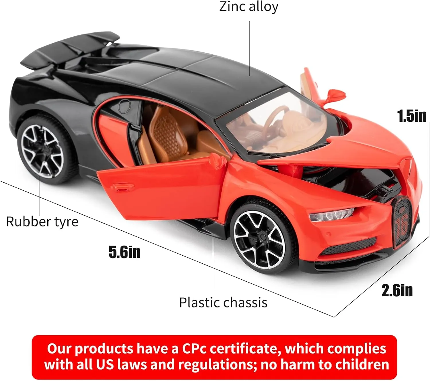 Bugatti Chiron Model Car - 1/32 Scale Alloy, Sound & Lights, Pull Back Function, Ages 3-8 (Red)