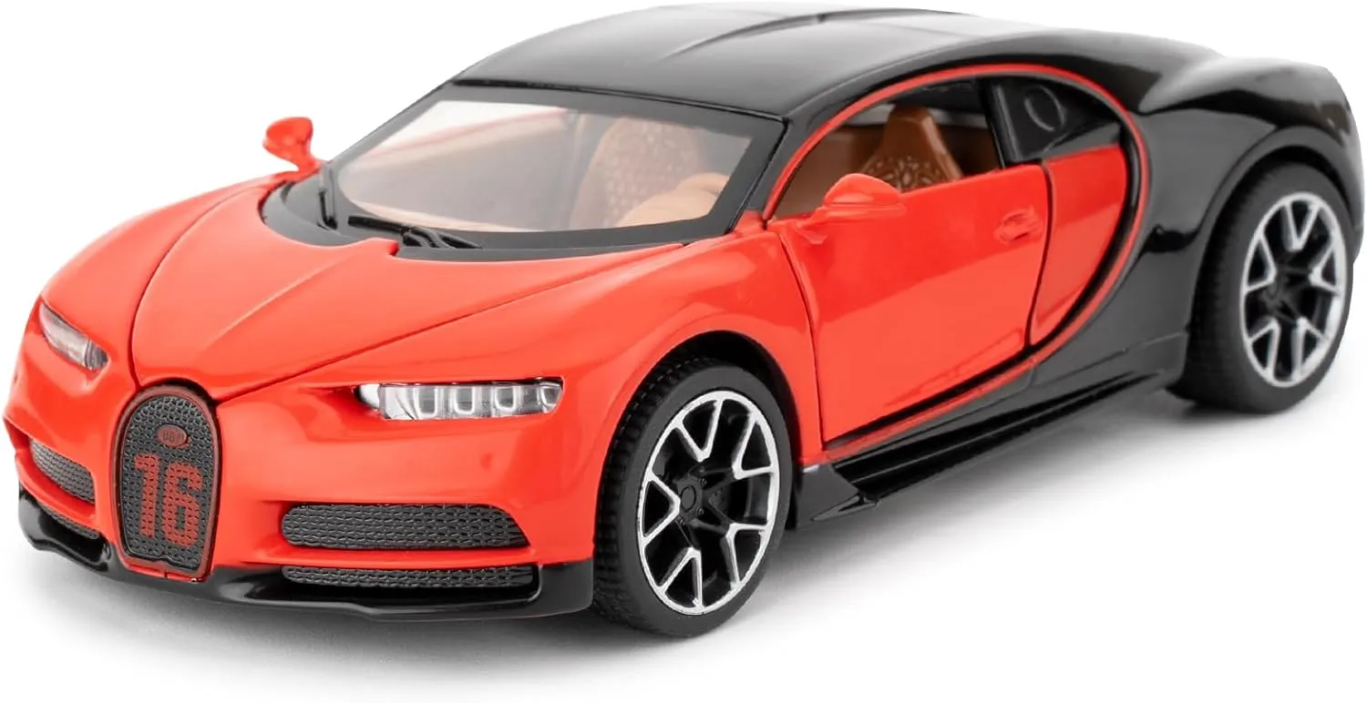 Bugatti Chiron Model Car - 1/32 Scale Alloy, Sound & Lights, Pull Back Function, Ages 3-8 (Red)