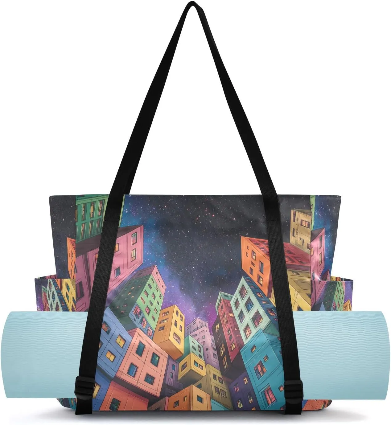 Building Starry Night Blue Yoga Mat Bag Carrier with Wet Dry Storage Pockets Pilates Bag Large Gym Tote Carryall with Water Bottle Holder for Office Travel Women Men