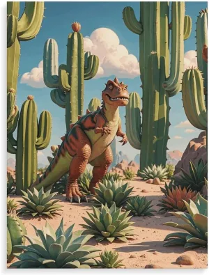 BWQHJKY Pre-Framed Paint by Numbers Kit for Adults, Cactus Jungle Dinosaur Print 24 Acrylic Paints on Yellow Cotton Canvas – Relaxing Vertical DIY Art Set