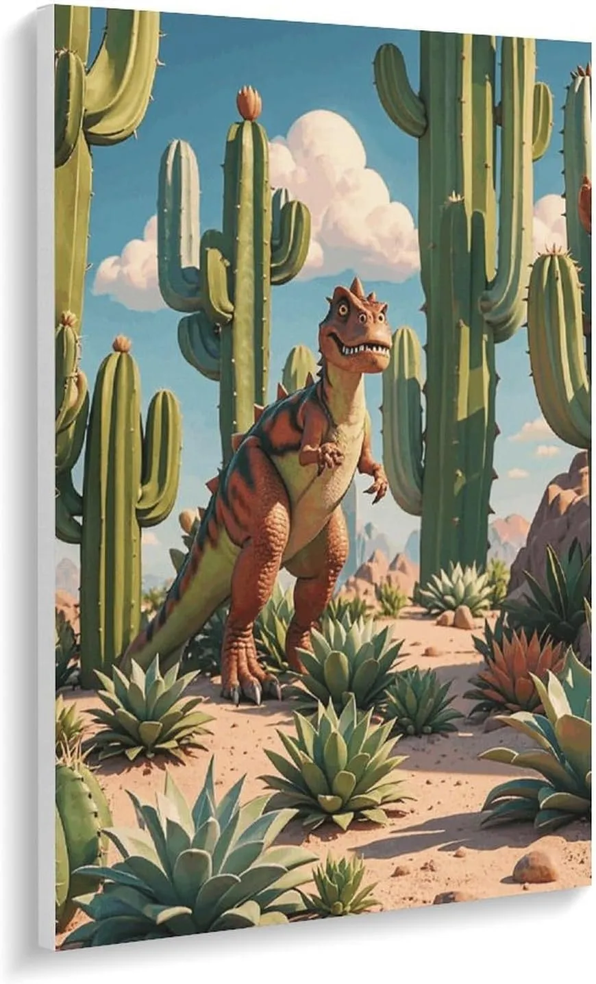 BWQHJKY Pre-Framed Paint by Numbers Kit for Adults, Cactus Jungle Dinosaur Print 24 Acrylic Paints on Yellow Cotton Canvas – Relaxing Vertical DIY Art Set