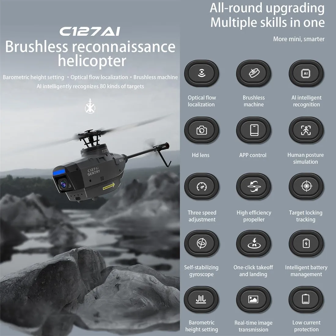 C127AI Scout Drone RC Helicopter with 1080P Camera for Adults, 2.4G 4CH Remote Control Helicopter with 6-Axis Gyro One Key Take Off/Landing Optical Flow Positioning RC Aircraft (1 Battery)