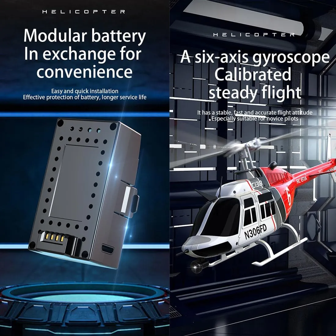 C138 Bell206 Remote Control Helicopter for Adults, 1:33 RC Helicopter 2.4G 6CH RTF Single Propeller Aileron Free, Six-axis Gyroscope, Modular Battery, One-Touch Function (2 Batteries)
