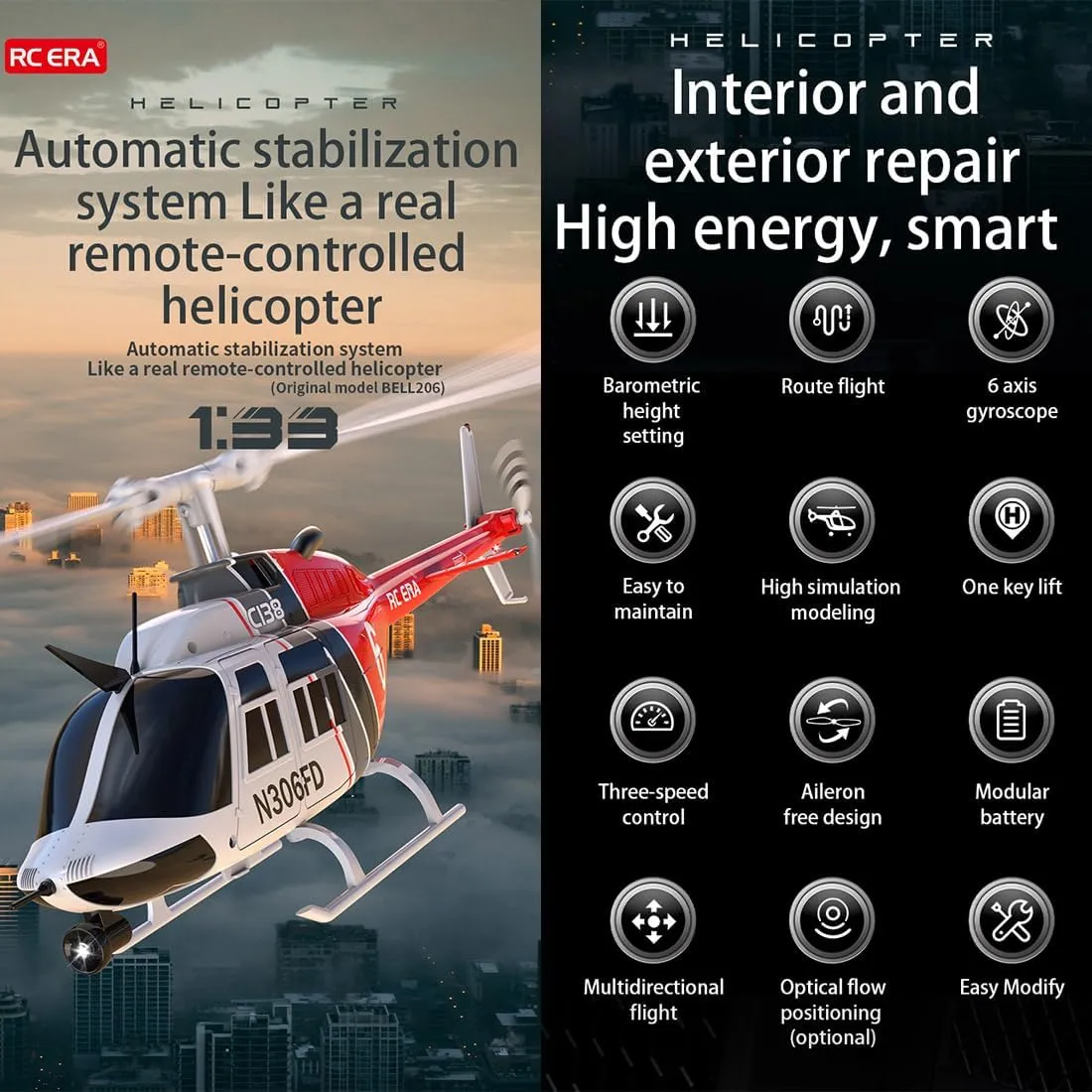 C138 Bell206 Remote Control Helicopter for Adults, 1:33 RC Helicopter 2.4G 6CH RTF Single Propeller Aileron Free, Six-axis Gyroscope, Modular Battery, One-Touch Function (2 Batteries)