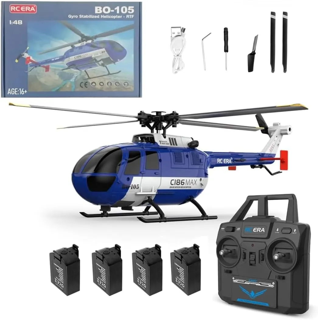 C186MAX BO105 Gunship Helicopter for Adults, Remote Control 2.4G RC 4CH Single Flybarless Helicopter Model with 6-Axis Gyro - RTF Total Control Version, 4 Batteries