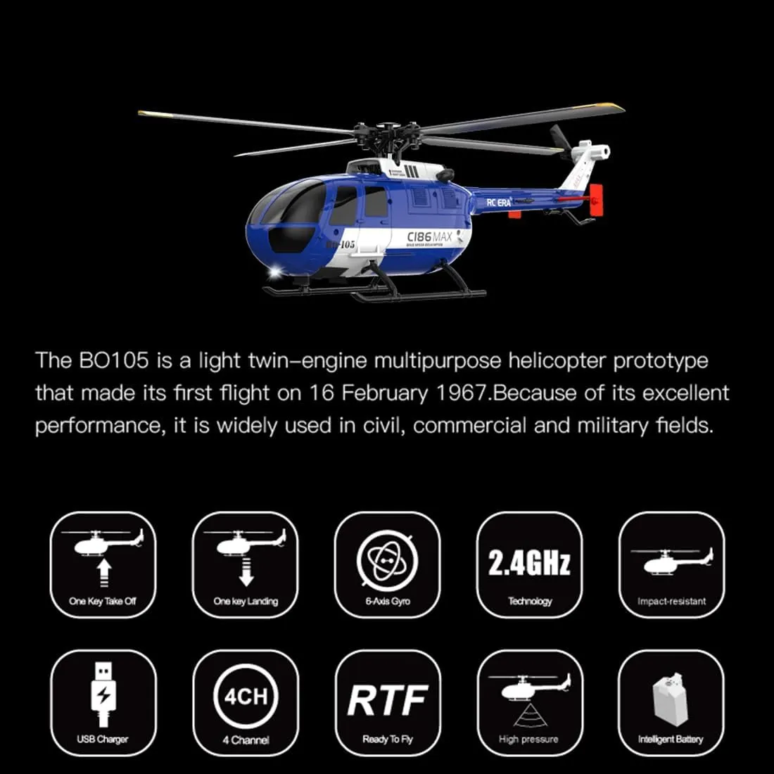 C186MAX BO105 Gunship Helicopter for Adults, Remote Control 2.4G RC 4CH Single Flybarless Helicopter Model with 6-Axis Gyro - RTF Total Control Version, 4 Batteries