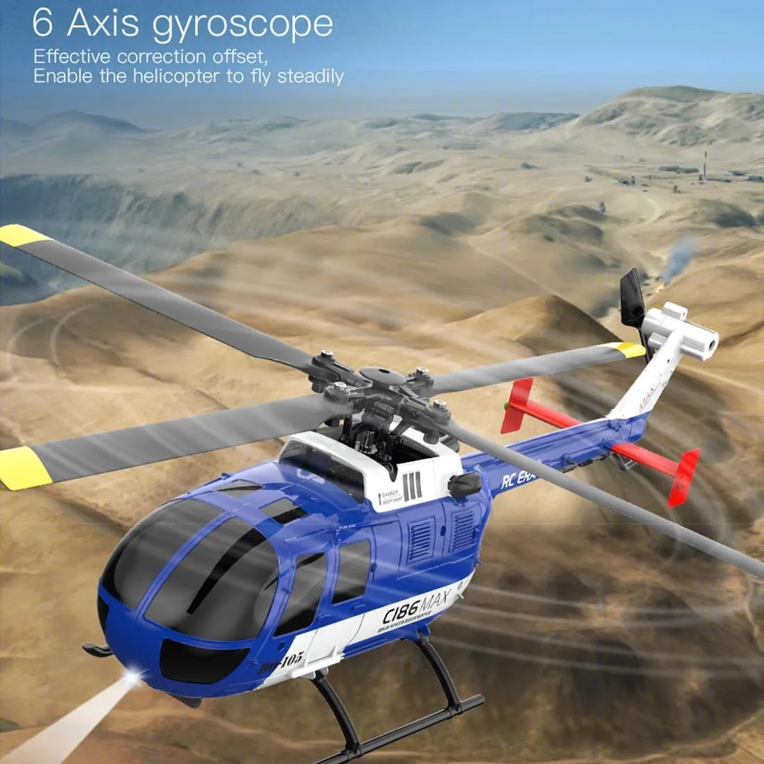 C186MAX BO105 Gunship Helicopter for Adults, Remote Control 2.4G RC 4CH Single Flybarless Helicopter Model with 6-Axis Gyro - RTF Total Control Version, 4 Batteries