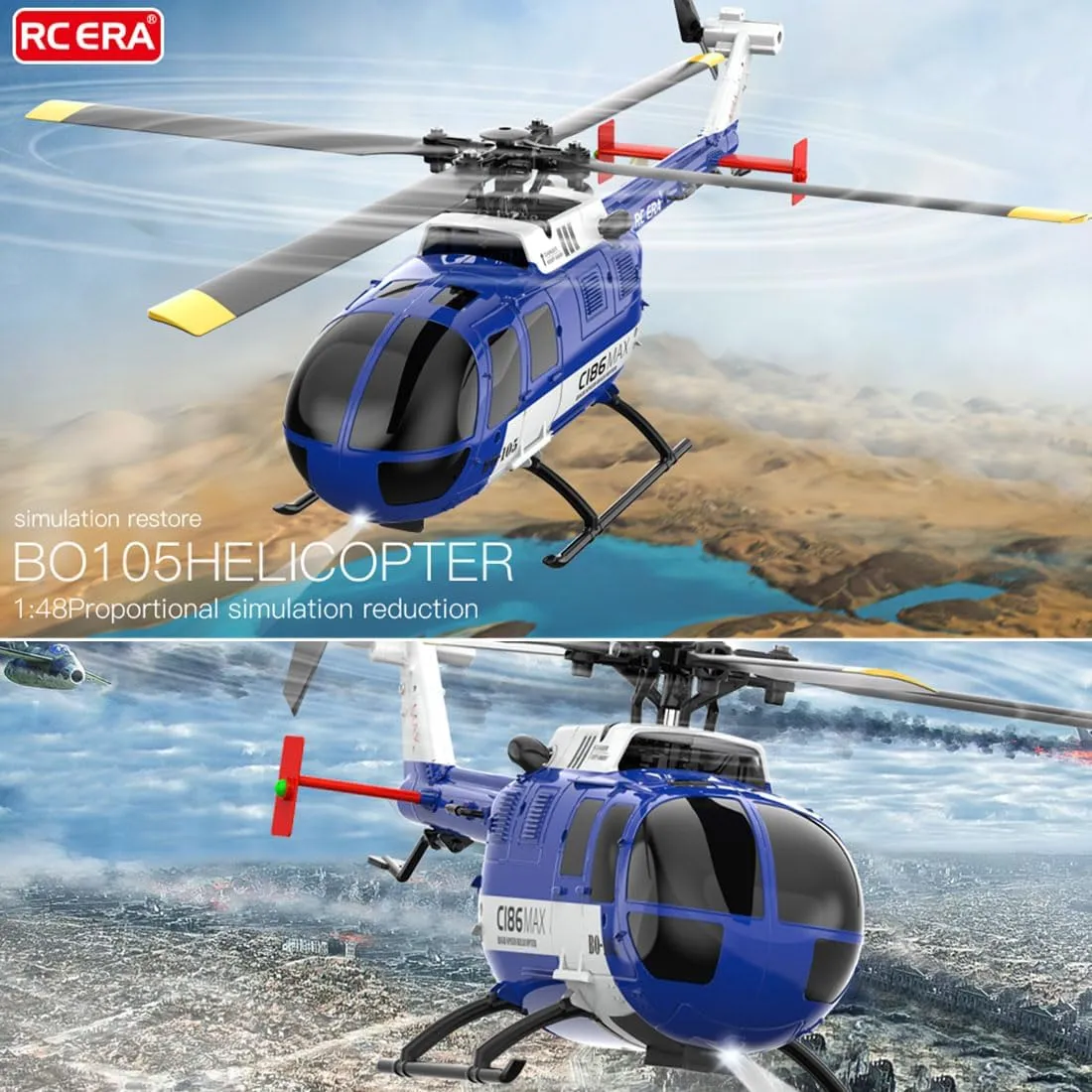 C186MAX BO105 Gunship Helicopter for Adults, Remote Control 2.4G RC 4CH Single Flybarless Helicopter Model with 6-Axis Gyro - RTF Total Control Version, 4 Batteries
