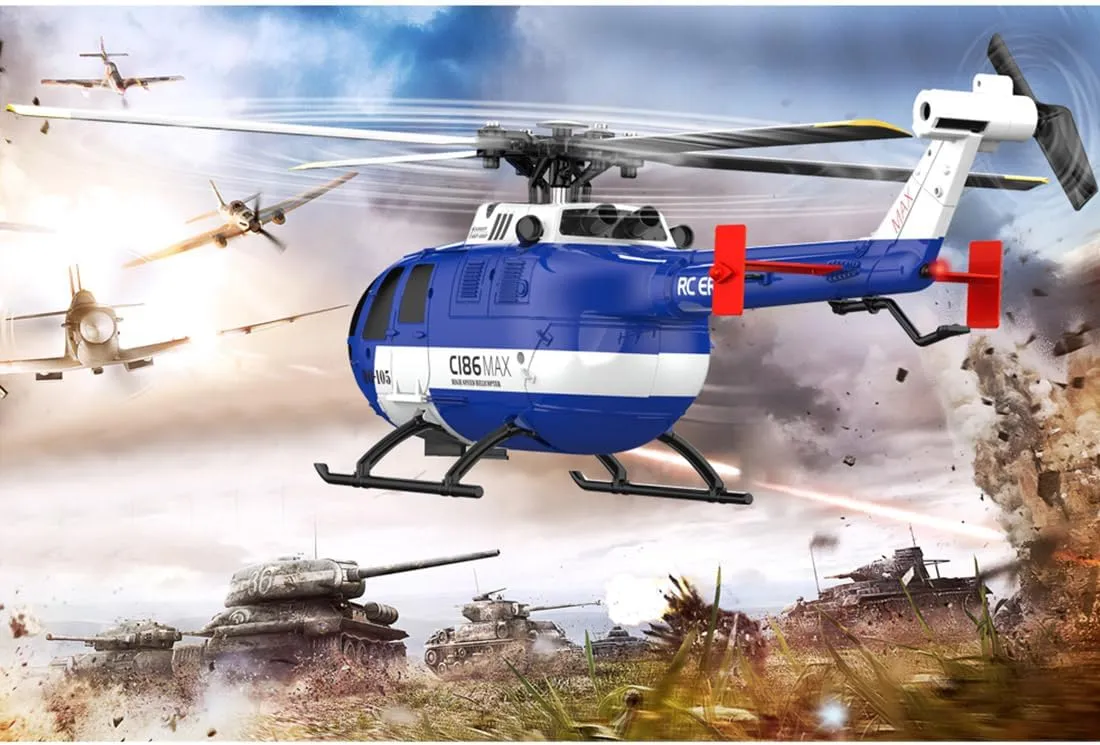 C186MAX BO105 Gunship Helicopter for Adults, Remote Control 2.4G RC 4CH Single Flybarless Helicopter Model with 6-Axis Gyro - RTF Total Control Version, 4 Batteries