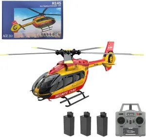 C190 Remote Control Helicopter for Adults, 1:30 Scale H145 2.4G 6CH RC Helicopter Single Propeller Aileron Free, Optical Flow Positioning, Six-axis Gyroscope Stabilization (Red & Yellow(3 Batteries)
