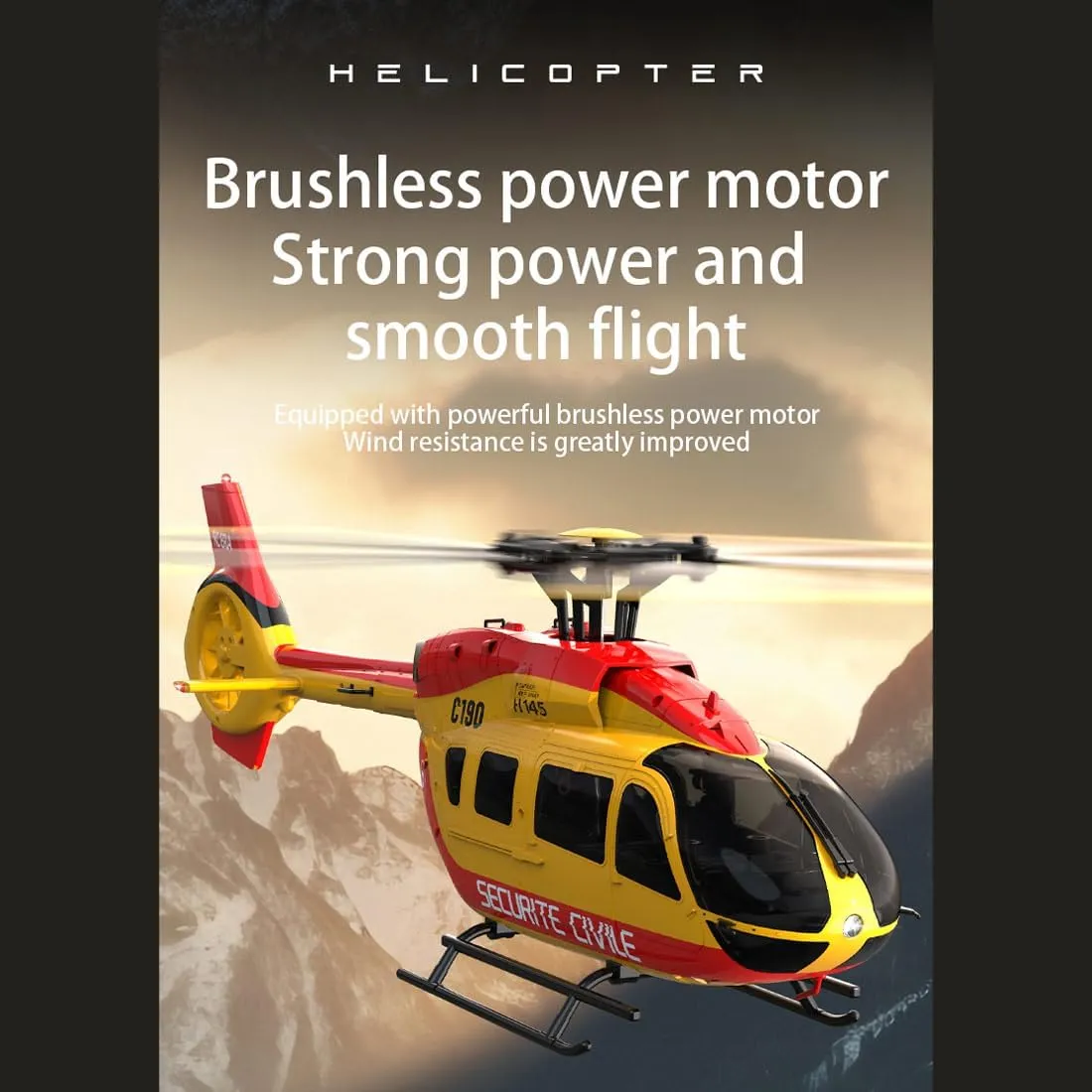C190 Remote Control Helicopter for Adults, 1:30 Scale H145 2.4G 6CH RC Helicopter Single Propeller Aileron Free, Optical Flow Positioning, Six-axis Gyroscope Stabilization (Red & Yellow(3 Batteries)
