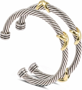 Cable Bracelets for Women - Two Tone Twisted Wire Cuff Bangle Set