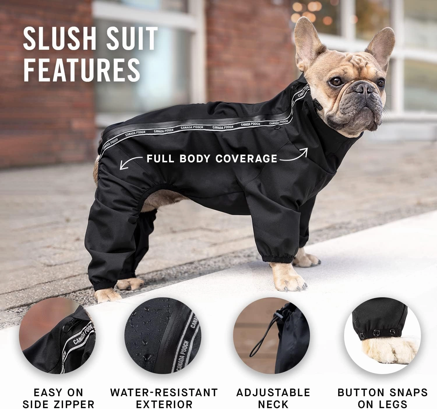 Canada Pooch Dog Slush Suit Dog Bodysuit for Rain and Snow Full Body Dog Suit Water-Resistant Dog Onesie (Black, 18 (17-19" Back Length))