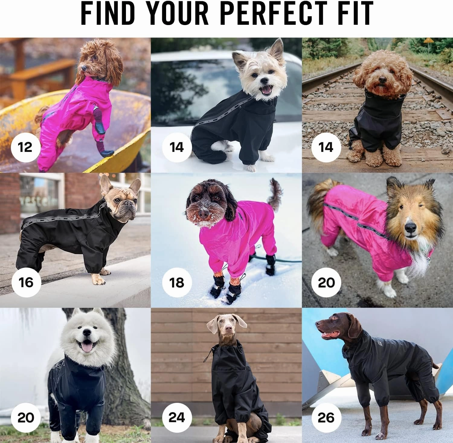 Canada Pooch Dog Slush Suit Dog Bodysuit for Rain and Snow Full Body Dog Suit Water-Resistant Dog Onesie (Black, 18 (17-19" Back Length))