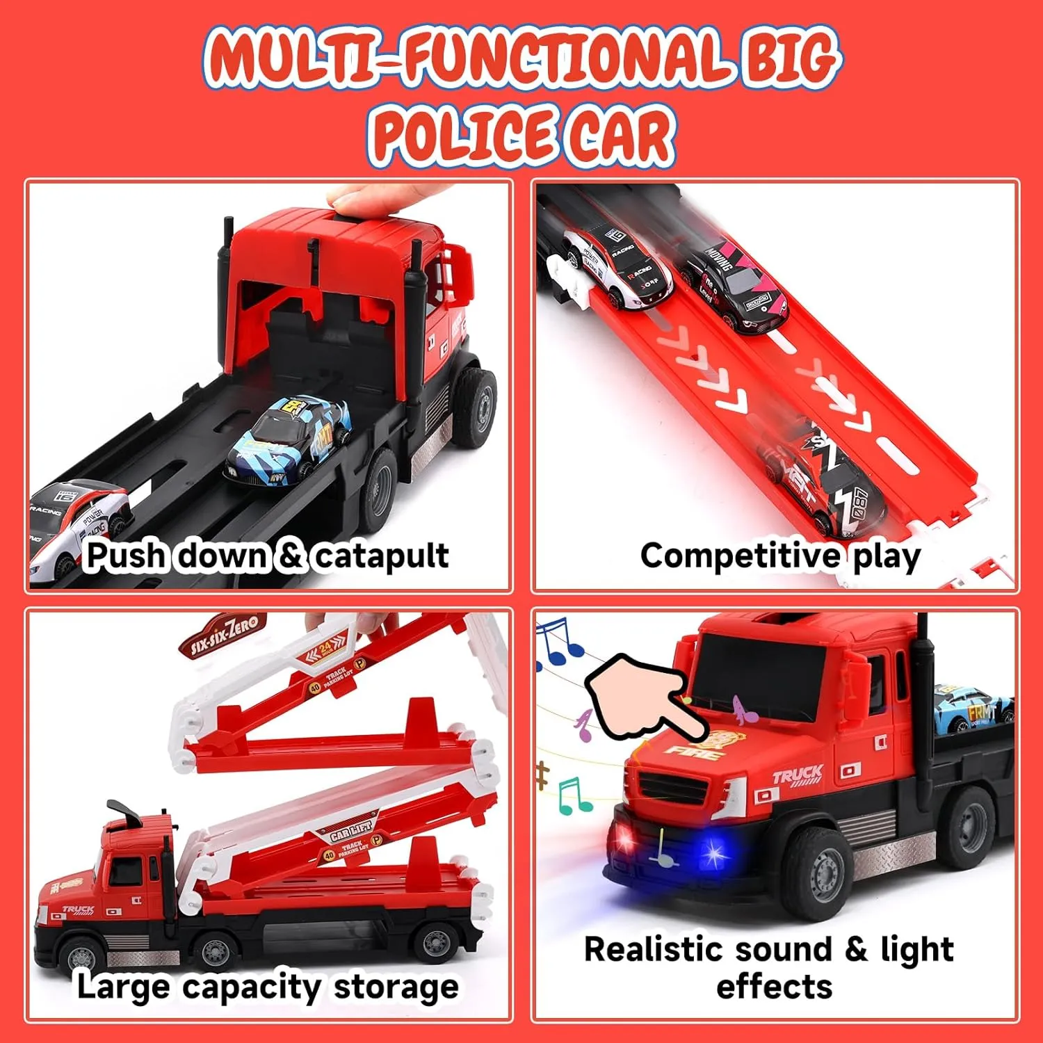 Car Transporter Toy Truck for Toddlers 3-5 with 55-Inch Ejection Race Track, Deform Catapulting and Shooting Folding Storage Car Carrier with 6 Race Cars Gift for Kids Ages 3-5, 4-8