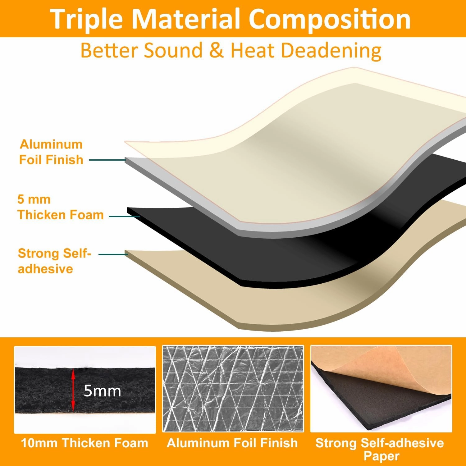 Car Heat Sound Deadening Insulation Mat - 197 Mil 10.76 Sqft Automobile Sound Deadening & Heat Insulation Material for Auto Hood Engine Roof Door and Trunk, Aluminum Foil Finish
