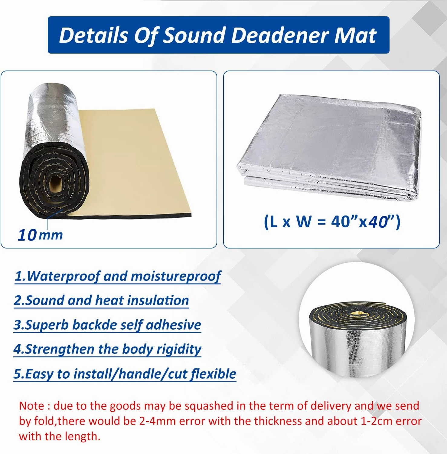 Car Heat Sound Deadening Insulation Mat, - 394 Mil 10.8 Sqft Automobile Sound Deadening & Heat Insulation Material for Auto Hood Engine Roof Door and Trunk,40 Inch x 40 Inch, Aluminum Foil Finish
