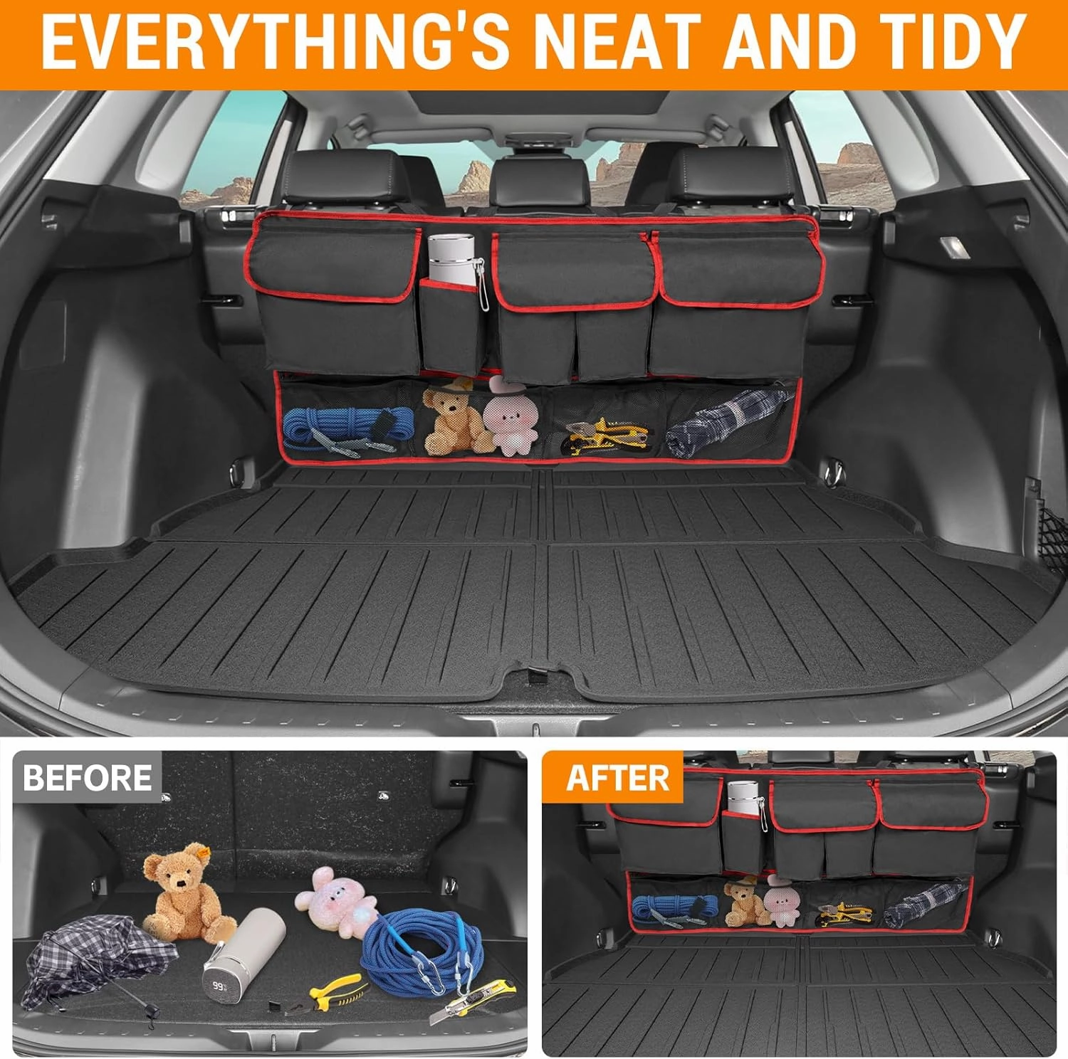 Cargo Mat Back Seat Organizer Compatible with 2016-2024 2025 Toyota RAV4 Storage Bag Trunk Accessories Mat All-Weather Trunk Liner Accessories TPE Seat Back Protector for 2024 2025 Toyota RAV4