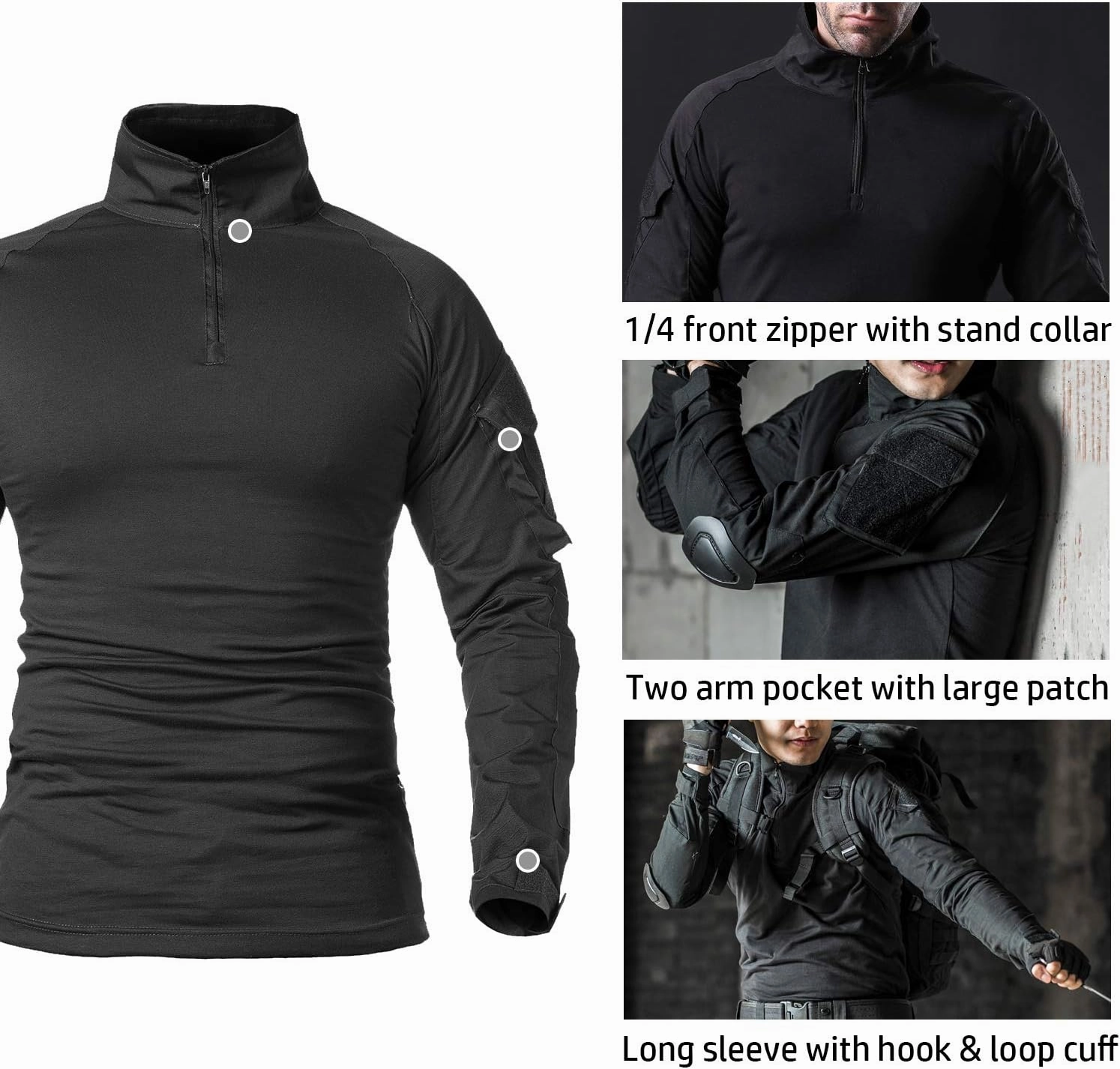 CARWORNIC Men's Tactical Combat Shirt, 1/4 Zipper Long Sleeve Camo Army Military T Shirt
