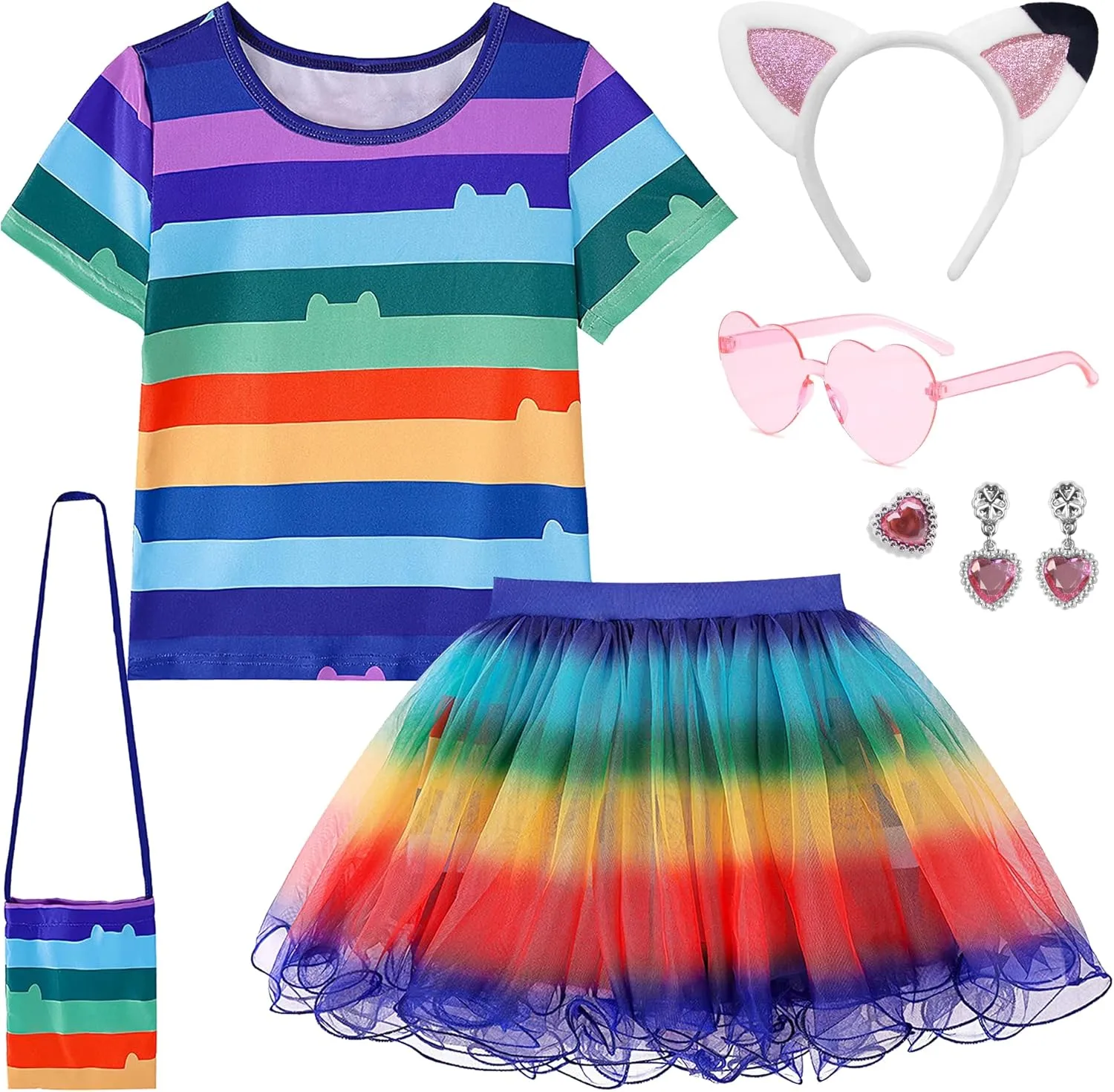 Cat Dollhouse Rainbow Tutu Dress for Girls, Birthday Outfit Set Costumes with Headband and Bag Halloween Party