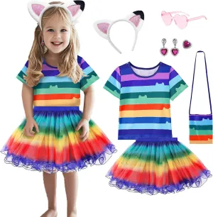 Cat Dollhouse Rainbow Tutu Dress for Girls, Birthday Outfit Set Costumes with Headband and Bag Halloween Party