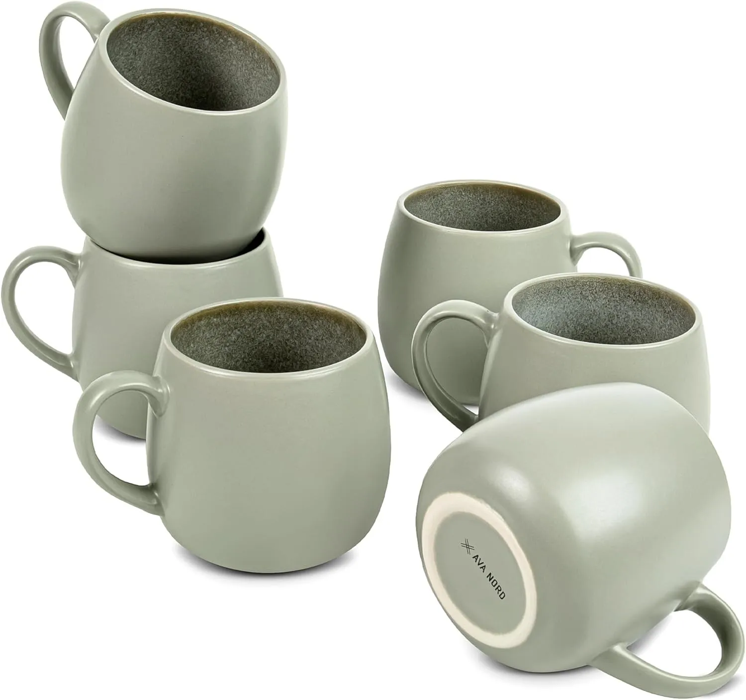 Ceramic Coffee Mugs Set of 6, 14oz - Modern Scandinavian Aesthetic Cup- Microwavable Stoneware Coffee Cups with Comfortable Handle - Tea Mug Set for Latte, Cappuccino, Soup - Soft Sage Green