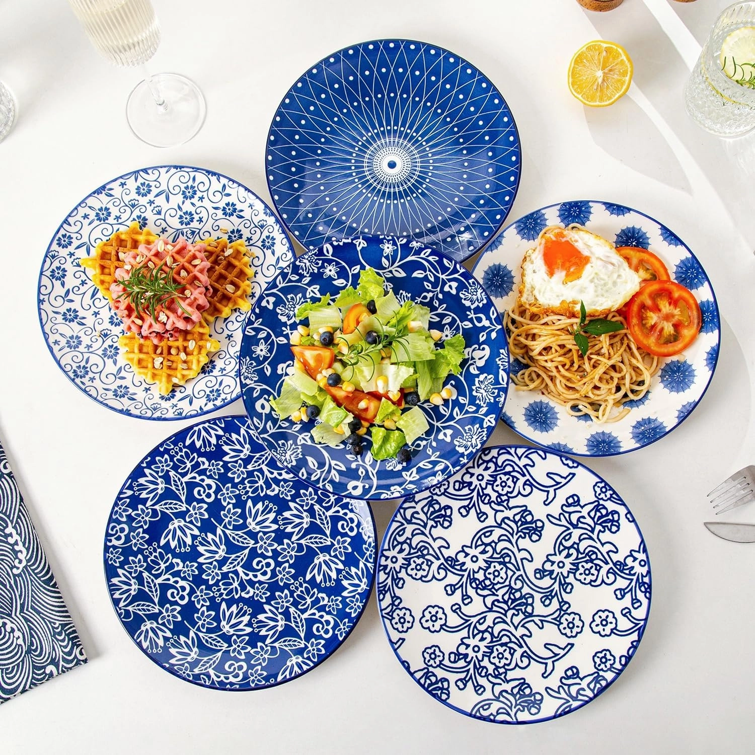 Ceramic Salad Plates Set - 8.5 Inch Small Round Dessert Dishes for Kitchen Dinner Pasta Appetizer Sandwich - Scratch Resistant Porcelain Microwave Oven Dishwasher Safe - Set of 6 - Vintage Blue