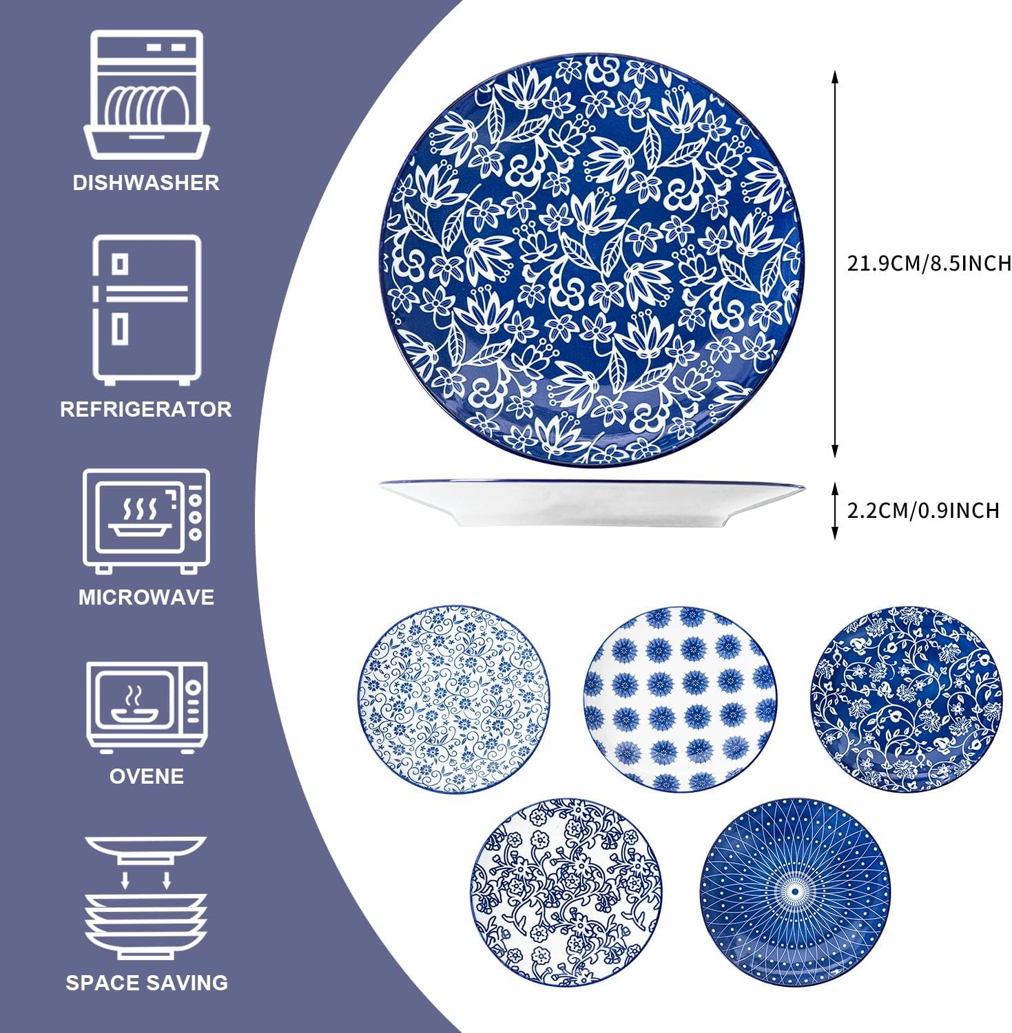 Ceramic Salad Plates Set - 8.5 Inch Small Round Dessert Dishes for Kitchen Dinner Pasta Appetizer Sandwich - Scratch Resistant Porcelain Microwave Oven Dishwasher Safe - Set of 6 - Vintage Blue