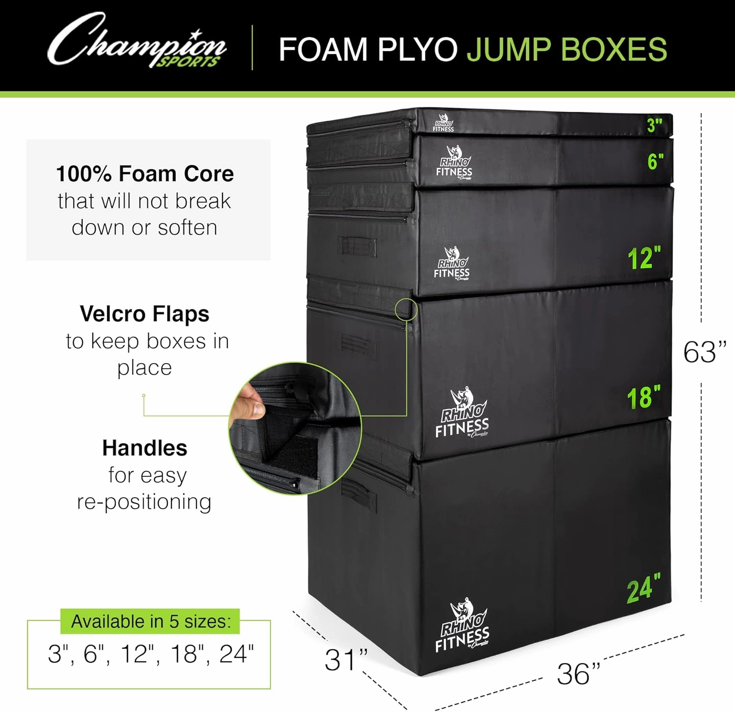 Champion Sports Foam Plyometric Box, Black - Durable Jump Boxes for Training with Handles, Hook and Loop Flaps - Stackable Plyo Box Jumps for Gym - Multiple Sizes