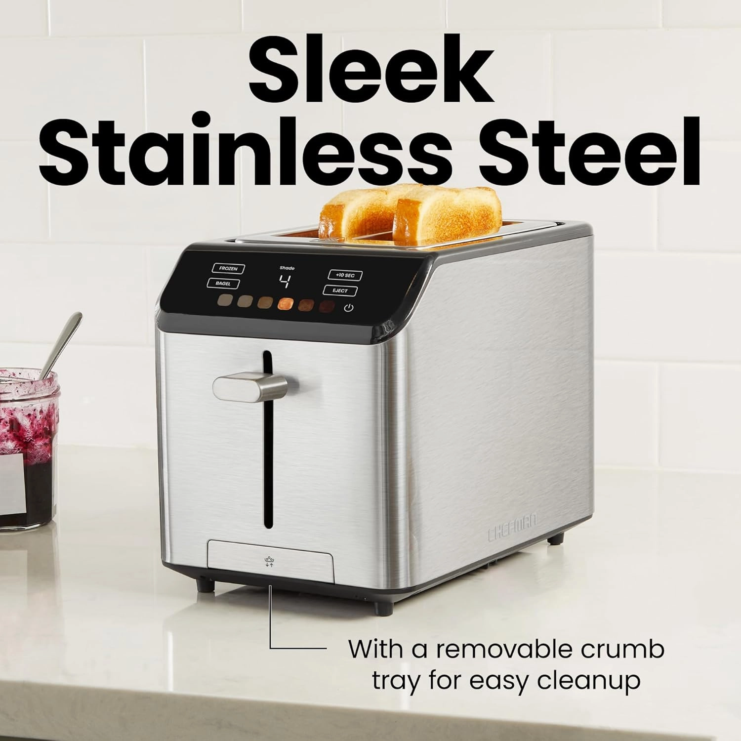 Chefman Smart Touch 2 Slice Digital Toaster, 6 Shade Settings, Touchscreen Controls, Extra-Wide Slots for Thick Breads & Bagels,  10 Seconds, Defrost, Removable Crumb Tray – Stainless Steel
