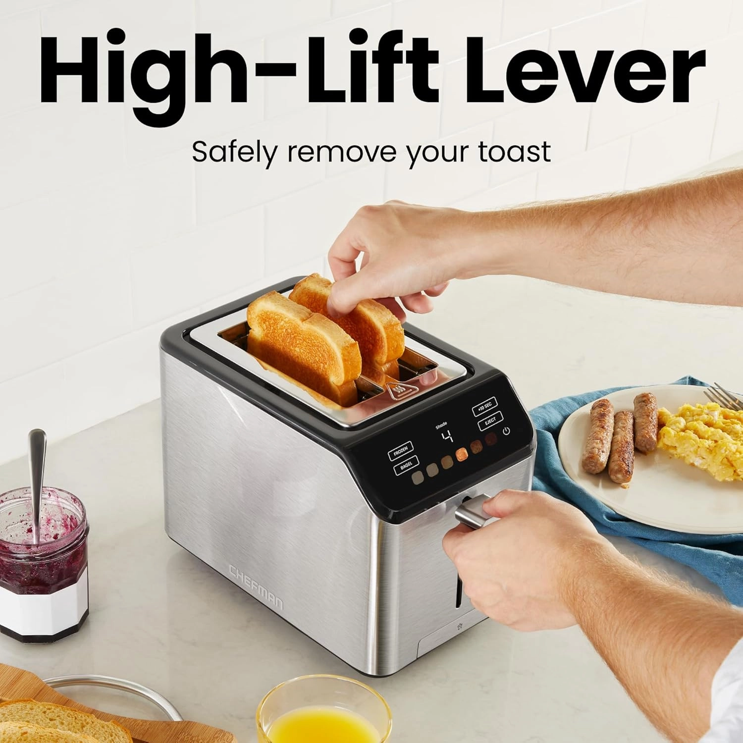 Chefman Smart Touch 2 Slice Digital Toaster, 6 Shade Settings, Touchscreen Controls, Extra-Wide Slots for Thick Breads & Bagels,  10 Seconds, Defrost, Removable Crumb Tray – Stainless Steel